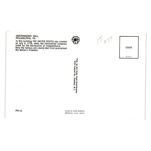 Vintage Independence Hall Philadelphia Postcard Mike Roberts  Liberty Bell PA - Picture 2 of 2